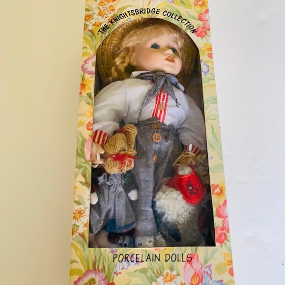 Collectible 17” Porcelain Doll Blond Girl & Blue Eyes Hat Baby Doll & Puppy Toy - Picture 2 of 8